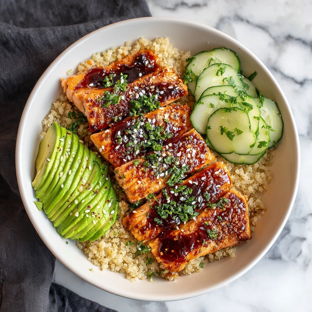 In a white bowl on a white marbled surface, there is a layered dish starting with a base of light, fluffy rice. On top of the rice, chunks of glossy, dark orange glazed salmon are placed in the center, looking juicy and tender. To one side of the salmon, there are pale green avocado cubes with a slightly creamy texture, sprinkled with black sesame seeds. On the other side, light green cucumber pieces with thin skins are scattered, also topped with black sesame seeds and small bits of green herbs. The whole dish is garnished with finely chopped fresh green parsley or cilantro. A white bowl with orange sauce is visible in the background, and part of an avocado half is slightly out of focus. photo taken with an iphone --ar 4:5 --v 7