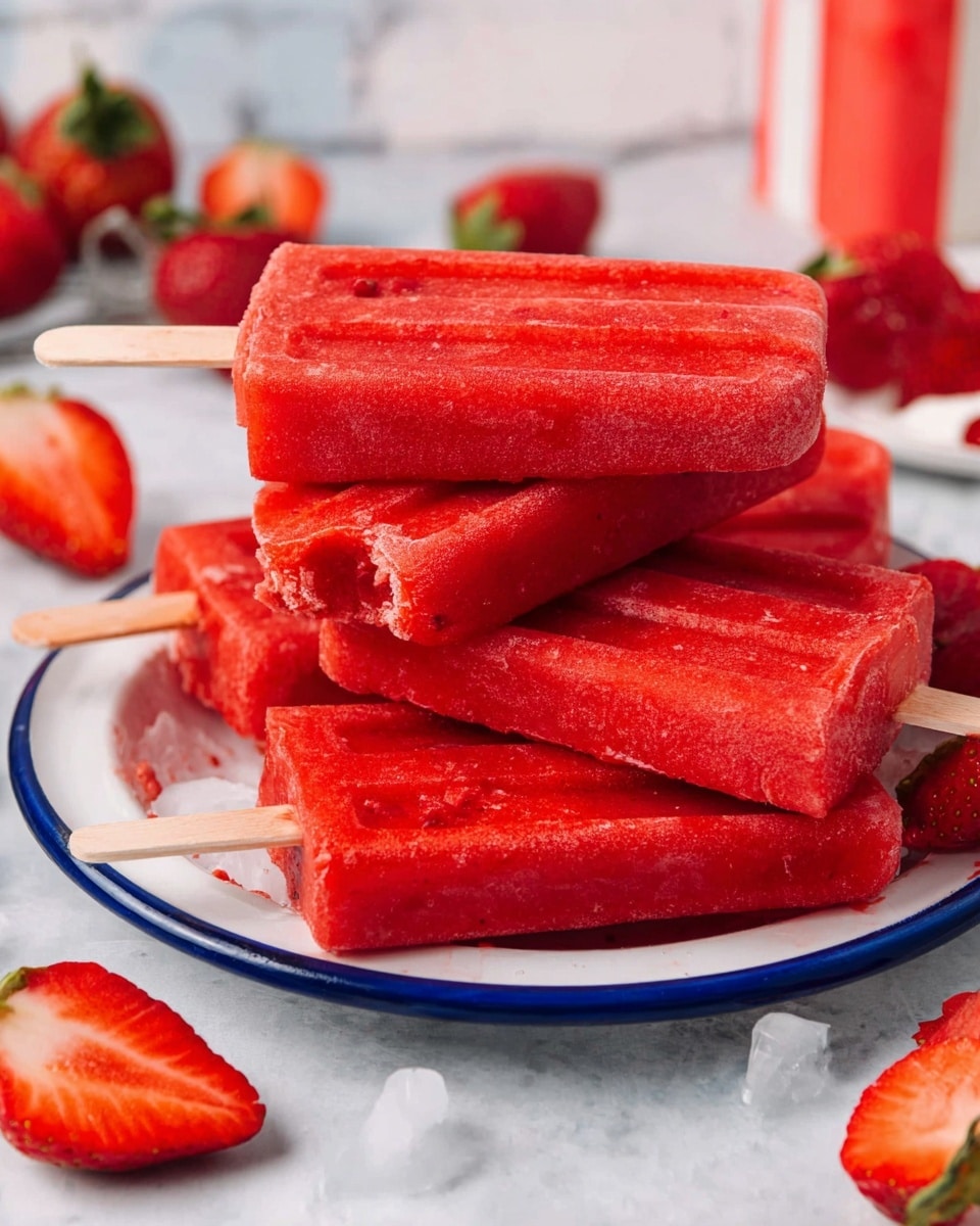 The image shows five red strawberry popsicles with a smooth, slightly textured surface arranged on a bed of ice inside a white tray with a dark blue rim. Each popsicle has a wooden stick at the bottom and stands out with its vibrant red color. Surrounding the tray on a white marbled surface are whole and halved juicy red strawberries with green tops and a string of red, pink, and white beads forming a loose heart shape. A light pink cloth with a strawberry pattern is partially visible at the bottom left corner. photo taken with an iphone --ar 4:5 --v 7