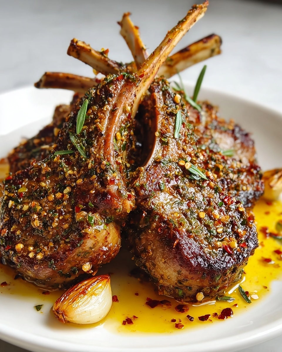A close-up view of four grilled lamb chops stacked slightly on each other, showing a rich brown and charred outer layer with a glossy texture from the oil and spices, garnished with chopped green herbs and tiny crushed red pepper flakes. There are whole roasted garlic cloves placed on top and around the meat, adding a golden-yellow contrast. The dish sits on a simple white plate with a thin layer of yellow-orange oily sauce spreading slightly beneath the chops. The background is a white marbled texture. photo taken with an iphone --ar 4:5 --v 7