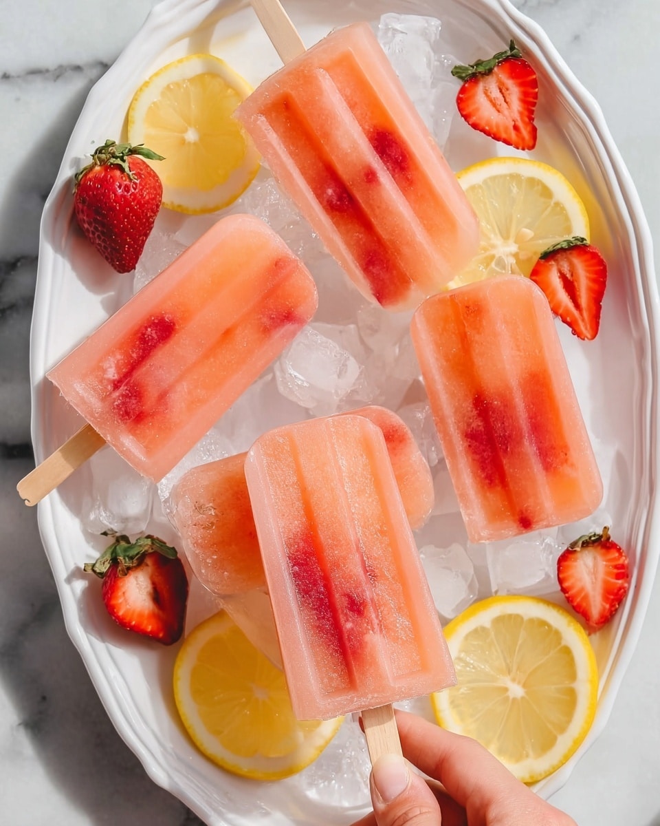 A white oval tray filled with clear ice cubes, scattered with thin slices of bright yellow lemon and halved strawberries with red flesh and green tops. On top of the ice lie six pinkish-orange popsicles with visible small pieces of red strawberries inside. One popsicle is held by a woman's hand, showing a wooden stick. The tray rests on a white marbled surface. photo taken with an iphone --ar 4:5 --v 7