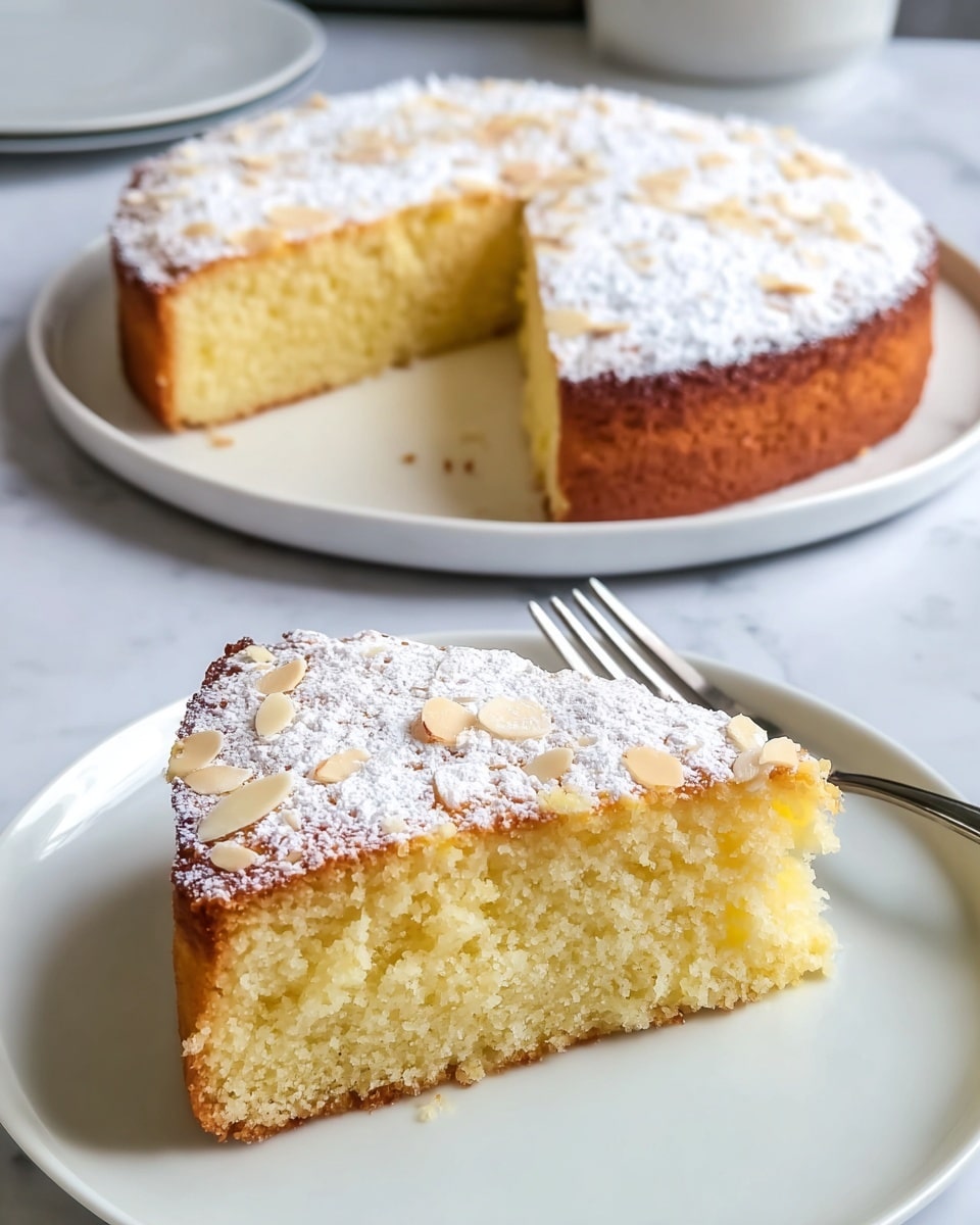 The image shows a soft, light yellow cake with one slice cut out and placed on a white plate in the foreground. The cake has a light golden brown crust on the side and bottom edges. The top layer is dusted with white powdered sugar, decorated with scattered small almond slices that add texture. The cake’s inner texture looks moist and fluffy with small air pockets. The background has the rest of the whole cake on a white plate, positioned on a white marbled surface, with a silver fork placed beside the plate with the slice. photo taken with an iphone --ar 4:5 --v 7
