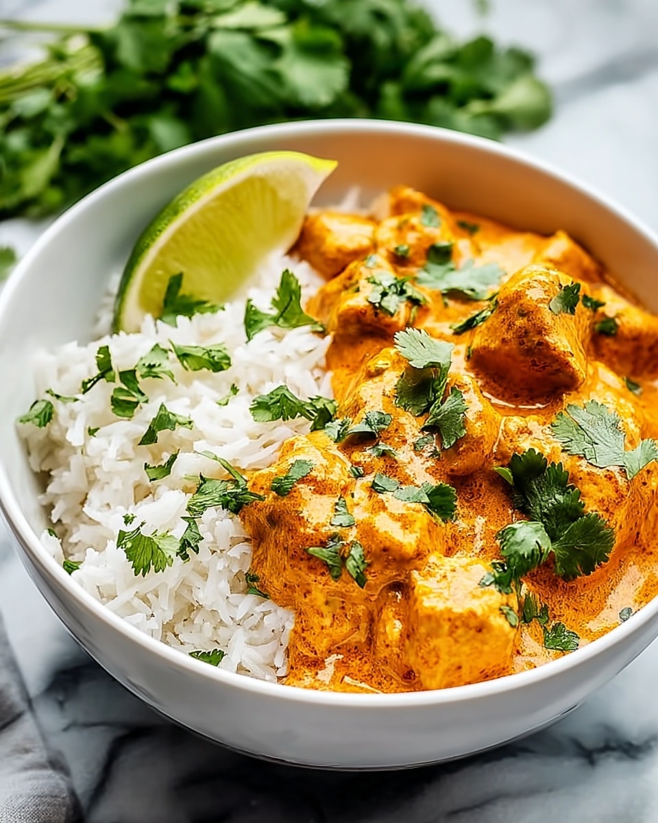 A white bowl filled halfway with fluffy white rice, topped with thick, creamy orange curry sauce containing tender chunks of chicken coated in the sauce. Fresh green cilantro leaves are scattered over the curry, adding a pop of color. A bright green lime wedge is placed on the side of the rice. The bowl sits on a white marbled textured surface with some blurred fresh green herbs in the background. photo taken with an iphone --ar 4:5 --v 7