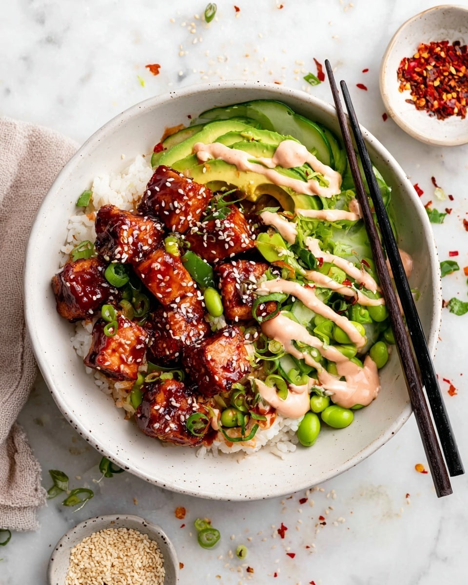 A white bowl filled with a layered dish visible from the top: the bottom layer is white rice, topped with dark brown glazed cubes of tofu sprinkled with white sesame seeds and small green edamame beans scattered around. On one side, there are thin slices of bright green avocado and cucumber, drizzled with light pink creamy sauce. Black chopsticks rest on the rim of the bowl. The bowl sits on a white marbled surface with small bits of red pepper flakes and green herbs around. Two small white bowls with sesame seeds and more red pepper flakes are partly visible in the background. Photo taken with an iphone --ar 4:5 --v 7