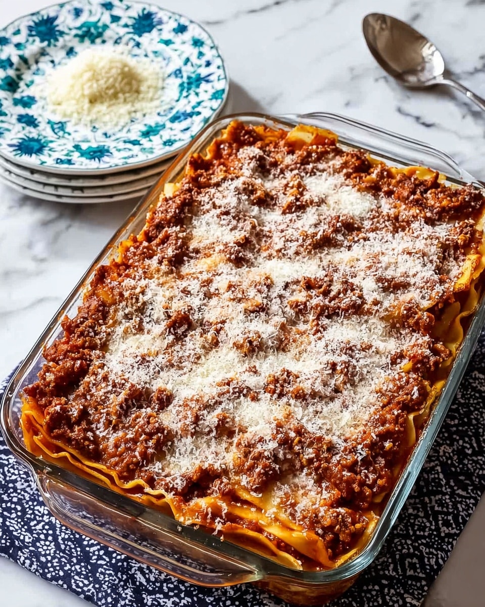 A square piece of lasagna with four visible layers sits on a white speckled plate over a wooden surface. The top layer is golden-brown melted cheese with bubbly, slightly burnt edges, garnished with a sprig of fresh green rosemary. Below it, layers alternate between creamy sauce with cooked spinach or herbs, and a rich filling of cooked mushrooms mixed with meat sauce visible on the bottom layer. The sauce is glossy and slightly orange-brown, seeping out around the base of the lasagna. Small green herb leaves are scattered on and around the plate. In the background, sprigs of fresh herbs and peppercorns add to the rustic feel. photo taken with an iphone --ar 4:5 --v 7