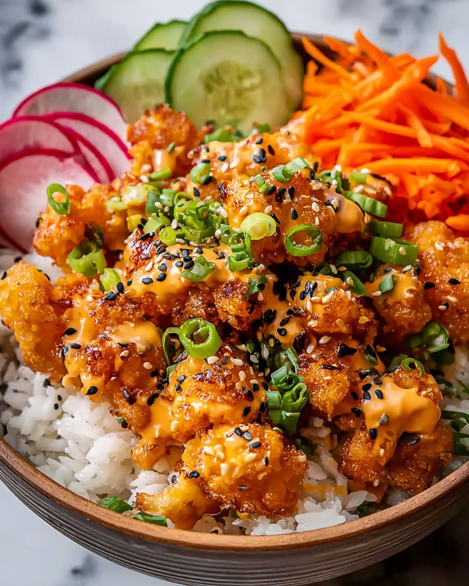 A white bowl filled with a base layer of white rice topped with crispy golden-brown cauliflower pieces covered in a creamy orange sauce, sprinkled with black and white sesame seeds and chopped green onions. On one side, there are thin slices of bright green cucumber and red radish, with a small pile of finely shredded vibrant orange carrots. The bowl is placed on a white marbled surface, showing a close-up view of the dish’s rich colors and textures. photo taken with an iphone --ar 4:5 --v 7