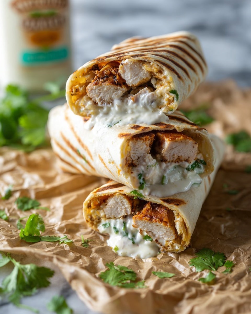 A stack of two grilled chicken wraps cut in half is shown, with the halves placed on top of each other. The outer tortillas are light beige with light grill marks running horizontally, slightly toasted. Inside, the wraps reveal three layers: chunks of golden-brown grilled chicken with a crispy texture, a thick layer of creamy white sauce, and small green cilantro leaves scattered inside and on top. The wraps sit on crumpled brown paper with fresh green cilantro leaves placed around. The background is a white marbled texture, and a blurred bottle is visible in the back. Photo taken with an iphone --ar 4:5 --v 7