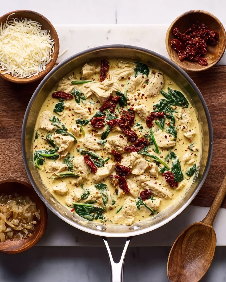 The dish shows a white deep plate filled with creamy pasta as the base layer. The pasta is coated in a light cream sauce and mixed with bright green wilted spinach and small pieces of dark red sun-dried tomatoes scattered throughout. On top of the pasta sits a layer of grilled chicken breast, sliced into even strips with a golden brown, slightly charred exterior. The whole dish is lightly sprinkled with grated white cheese. The plate is set on a beige cloth over a white marbled surface that adds a clean, fresh contrast to the meal. Photo taken with an iphone --ar 4:5 --v 7