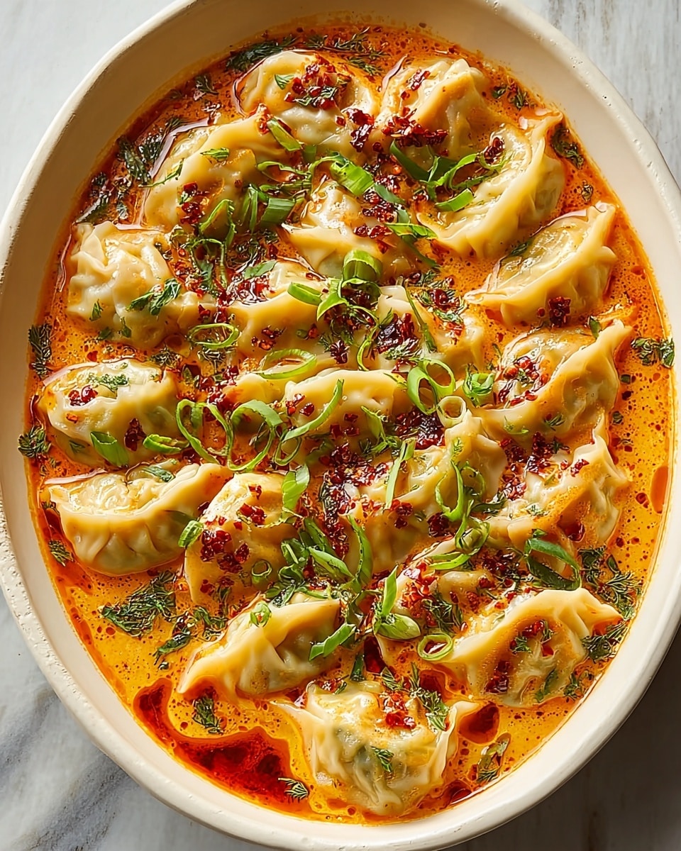 The image shows a white deep dish filled with a layer of light orange creamy sauce at the bottom, textured with small patches of oil and spices. On top of this sauce, there are about fifteen dumplings arranged in a circular pattern, each dumpling having a slightly golden-yellow, smooth, and soft dough with detailed folds. The dumplings are generously sprinkled with red chili flakes and finely chopped green herbs and spring onions, adding vibrant red and green colors contrasting with the pale dumplings and sauce. The edges of the dumplings are slightly curled, with the sauce gently soaking parts of the dough. The dish sits on a white marbled surface. photo taken with an iphone --ar 4:5 --v 7