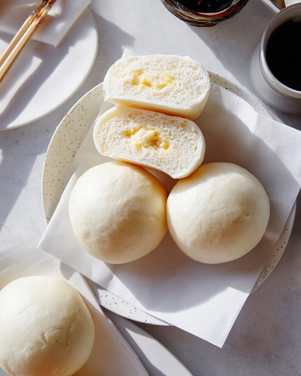 The image shows four smooth, round white steamed buns on a white marbled surface, three of them whole and one cut in half on top, revealing a soft, fluffy white inner layer filled with a pale yellow creamy custard in the center. The buns rest on white parchment paper on a white plate. The buns have a matte texture and the custard looks slightly grainy and moist. photo taken with an iphone --ar 4:5 --v 7