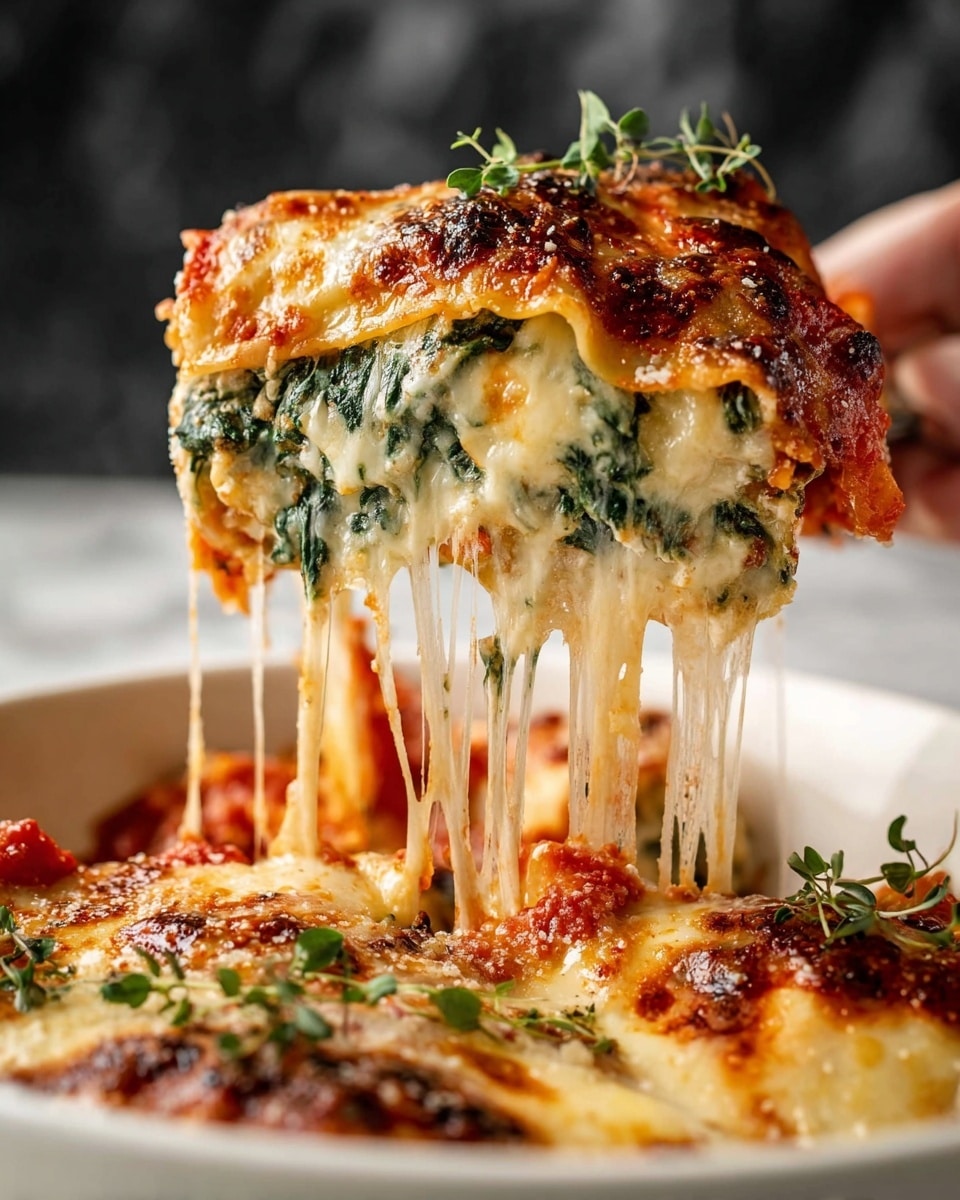 A close-up view of a white bowl filled with baked lasagna, featuring three clear pasta tubes standing vertically, filled with a creamy white and green spinach mixture. The top layer is covered with a golden brown melted cheese crust with bits of red sauce peeking through. Strings of melted cheese stretch as a portion is lifted away, showing gooey texture. Sprinkles of green herbs and coarse salt are scattered on top. The background shows the white marbled texture surface. Photo taken with an iphone --ar 4:5 --v 7