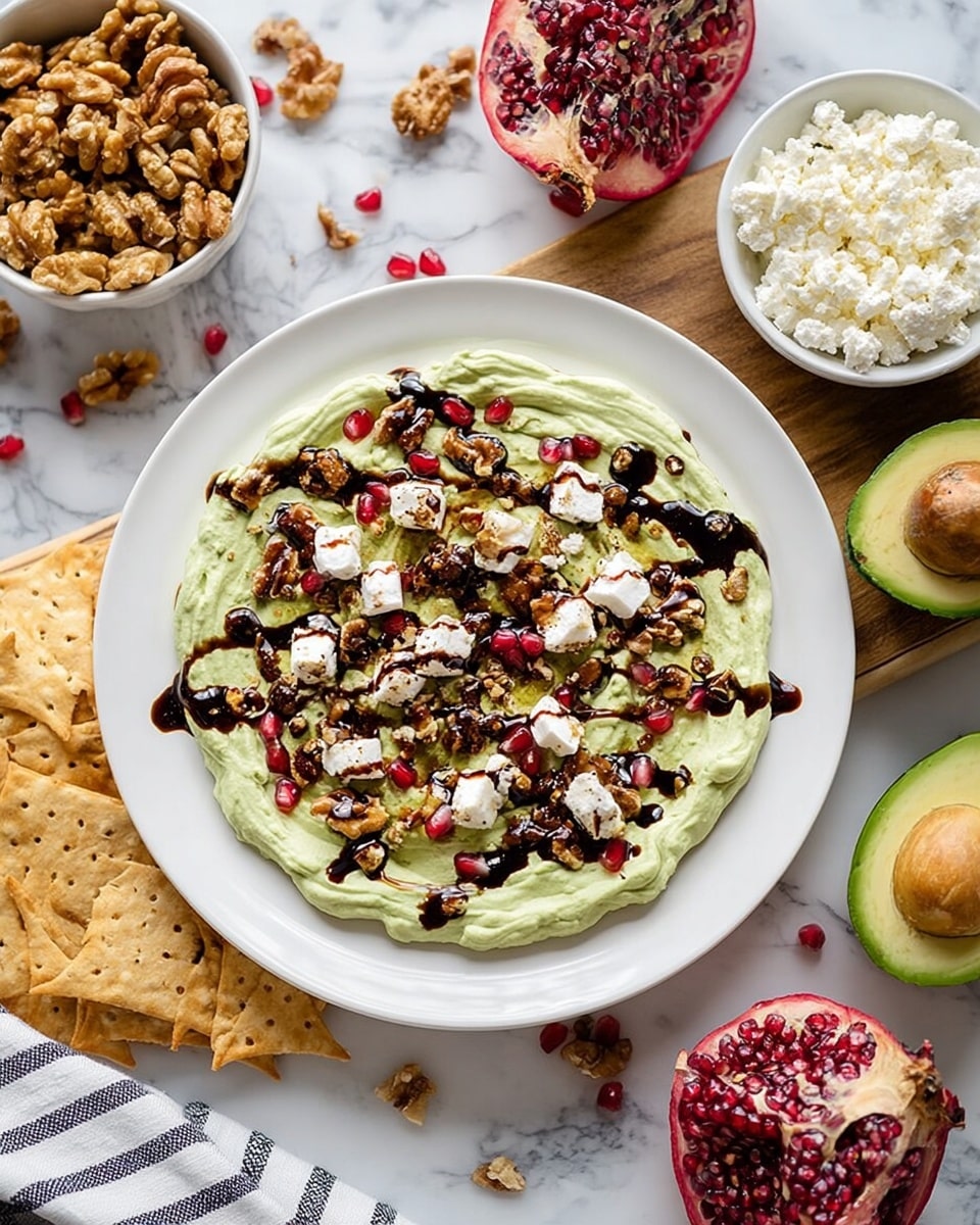 The image shows a white plate with a single flat layer of pale green creamy spread, topped with scattered pieces of white cheese, dark brown crushed walnuts, bright red pomegranate seeds, and a dark balsamic glaze drizzled unevenly over everything; the plate is set on a white marbled surface with a wooden board under the plate, a bowl of white crumbled cheese on the top right, a halved avocado and a halved pomegranate nearby, and some crackers and pretzels in a white bowl to the upper left, with a striped cloth napkin at the bottom left; photo taken with an iphone --ar 4:5 --v 7
