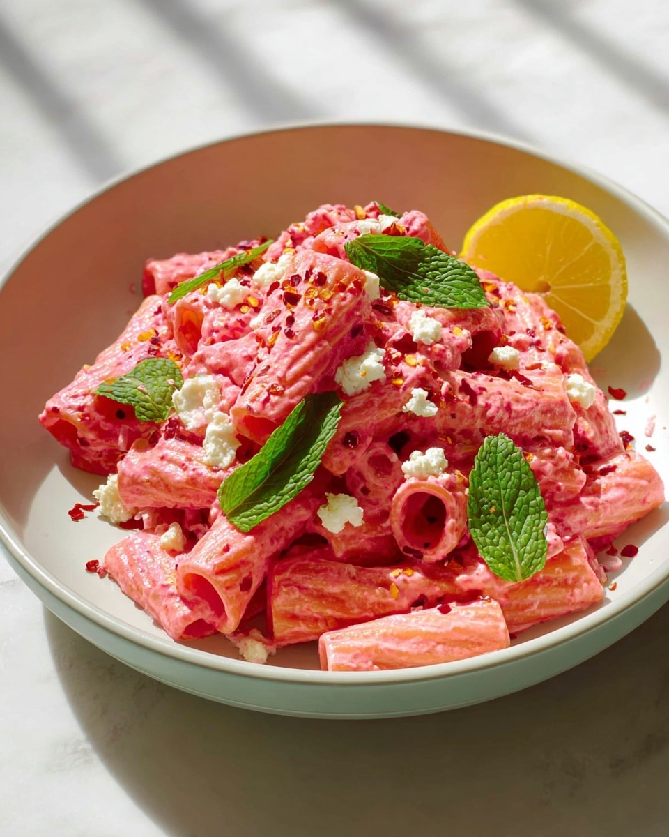The dish shows rigatoni pasta covered in a bright pink creamy sauce, piled high in a white bowl. Scattered around the pasta are small bits of white cheese and red chili flakes, adding texture and color contrast. Three small green mint leaves are placed on top, and a single yellow lemon wedge rests on the side of the pasta mound. The bowl sits on a white marbled surface with soft shadows from natural light. photo taken with an iphone --ar 4:5 --v 7