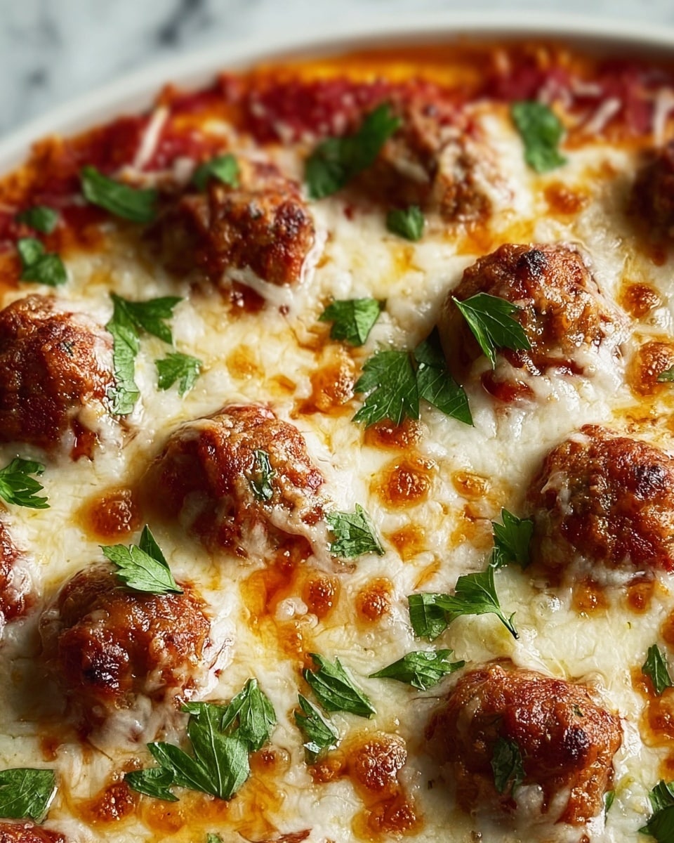 The image shows a white baking dish filled with several round meatballs on top of a thick red tomato sauce layer. The meatballs are covered in melted, golden-brown cheese with a slightly crispy texture. Small green parsley leaves are scattered over the meatballs and cheese, adding a fresh contrast to the warm colors. The sauce slightly spills over the edges of the dish, and the background shows blurred green herbs with a white marbled texture surface. photo taken with an iphone --ar 4:5 --v 7