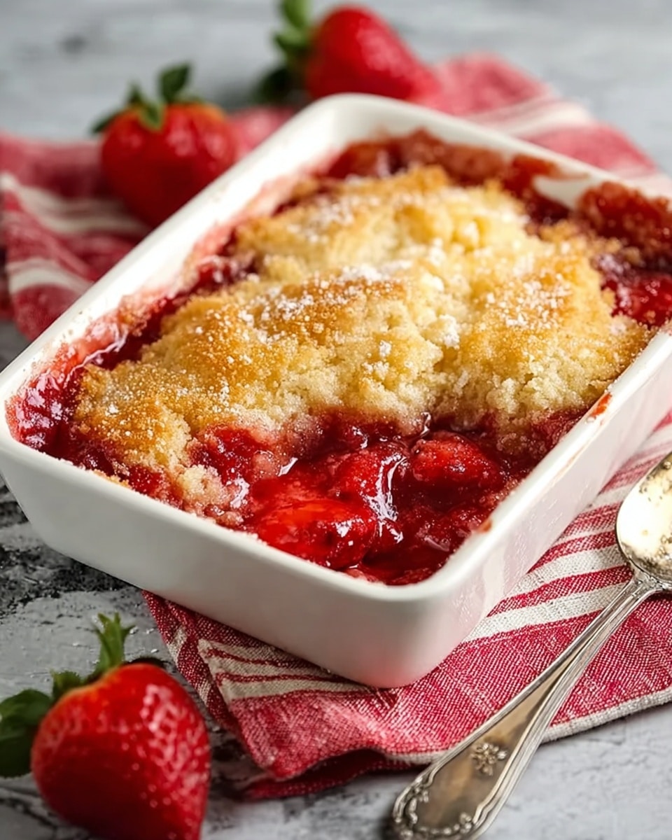A white rectangular baking dish filled with a baked strawberry cobbler, showing a golden brown, slightly crunchy top layer with a rough texture and shiny sugar crystals. Beneath this crust, there is a thick deep red layer of cooked strawberries, bubbling at the edges. The dish sits on a white marbled surface with a red and white striped cloth underneath, with two whole fresh strawberries placed next to it and an ornate silver spoon lying beside the dish. Photo taken with an iphone --ar 4:5 --v 7