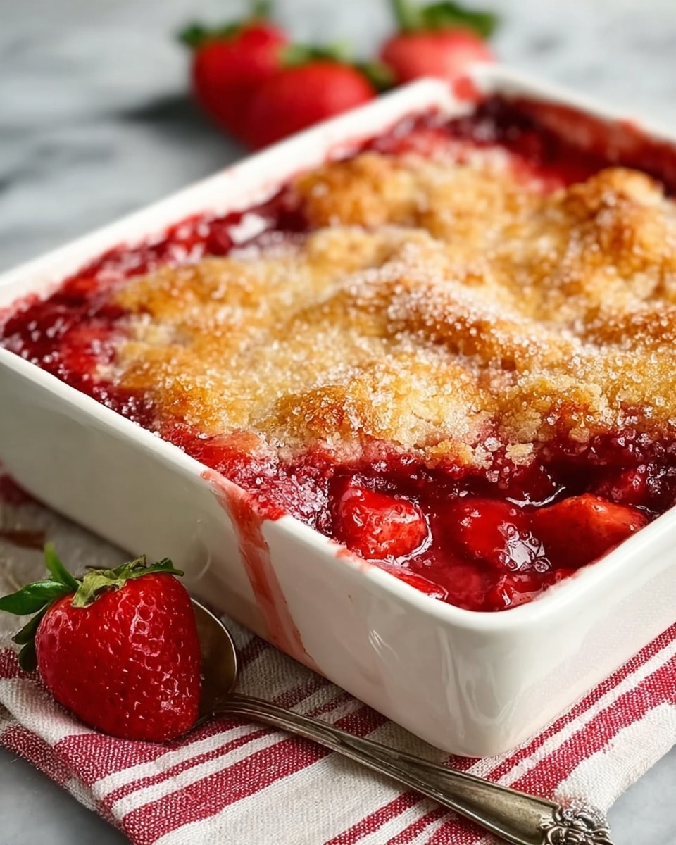 A white rectangular dish filled with a strawberry cobbler showing a juicy red fruit layer visible around the edges and bubbling up slightly at the top, covered by a golden brown, crumbly crust with a slightly rough texture and some melted spots. The dish rests on a red and white striped cloth with two whole strawberries beside it and a vintage silver spoon nearby. The background is a white marbled surface. Photo taken with an iphone --ar 4:5 --v 7
