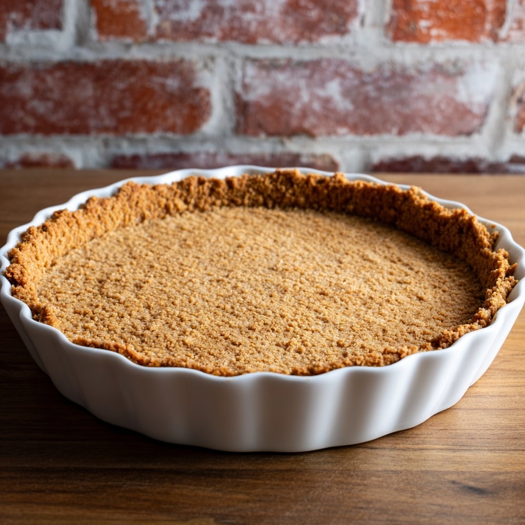 A single layer of golden brown crumbly crust is pressed into a white pie plate with scalloped edges, showing an even thickness along the sides and bottom. The texture looks coarse and grainy, resembling a baked graham cracker or biscuit base. The pie plate is placed on a wooden surface with a red brick wall background replaced by a white marbled texture. photo taken with an iphone --ar 4:5 --v 7