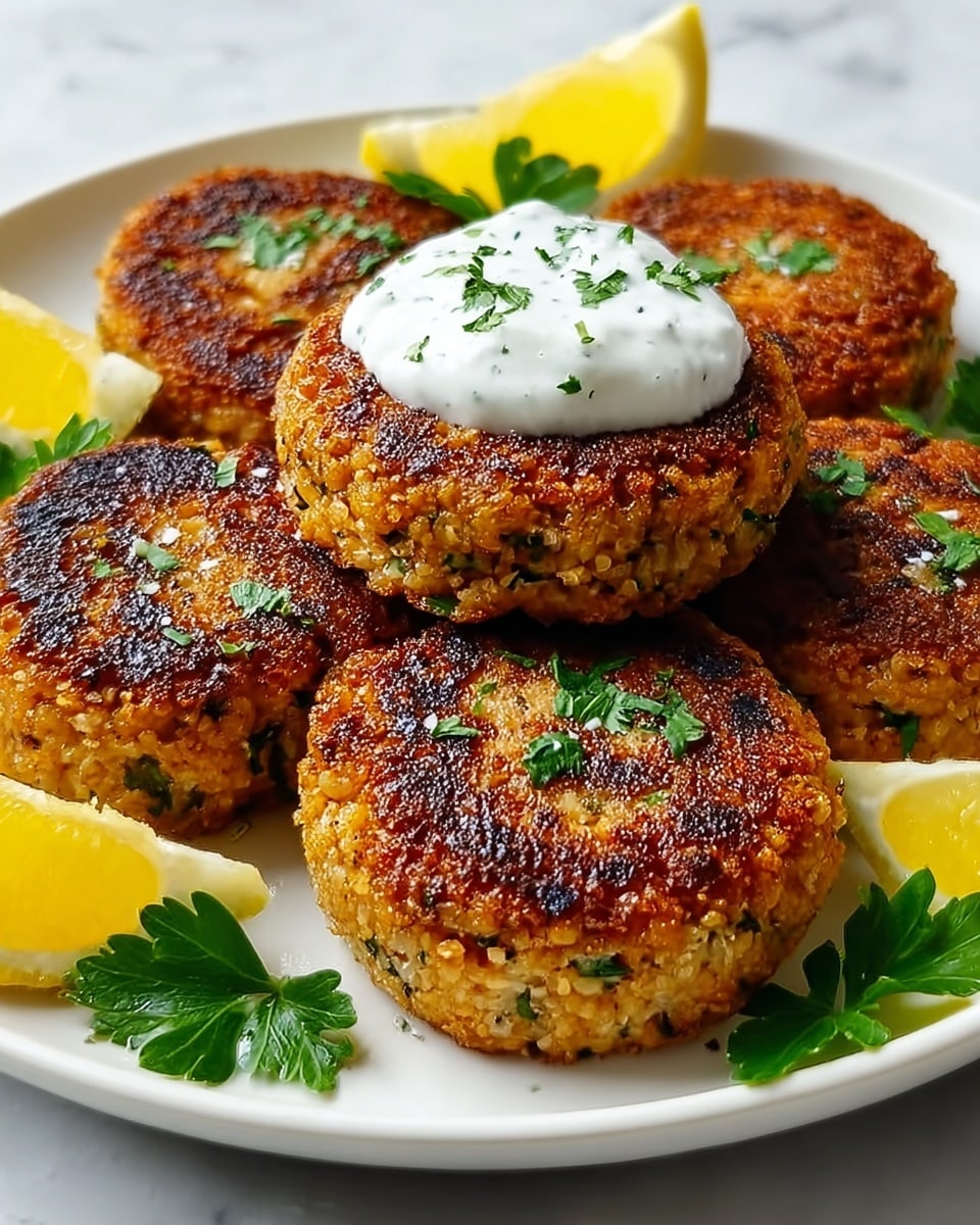 The image shows a white plate with six golden-brown patties that have a crispy, textured surface with small green herb pieces mixed in. The patties are arranged in a circle, with one in the center topped with a dollop of white creamy sauce sprinkled with chopped green herbs. Around the patties, there are bright yellow lemon wedges and green parsley leaves adding color contrast. The background is a white marbled texture. photo taken with an iphone --ar 4:5 --v 7