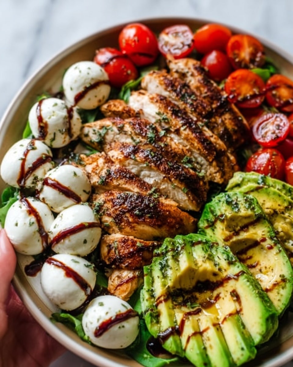 The image shows a close-up of a white plate with grilled chicken in the center, seasoned and browned with visible herbs on top. Around the chicken are slices of ripe green avocado with grill marks on the right. Below the avocado, there are bright red cherry tomatoes cut in half, showing their juicy texture. On the left side are white mozzarella balls drizzled with a dark balsamic glaze. The plate is set on a white marbled surface. A woman's hand reaches from the left side, holding the edge of the plate. photo taken with an iphone --ar 4:5 --v 7