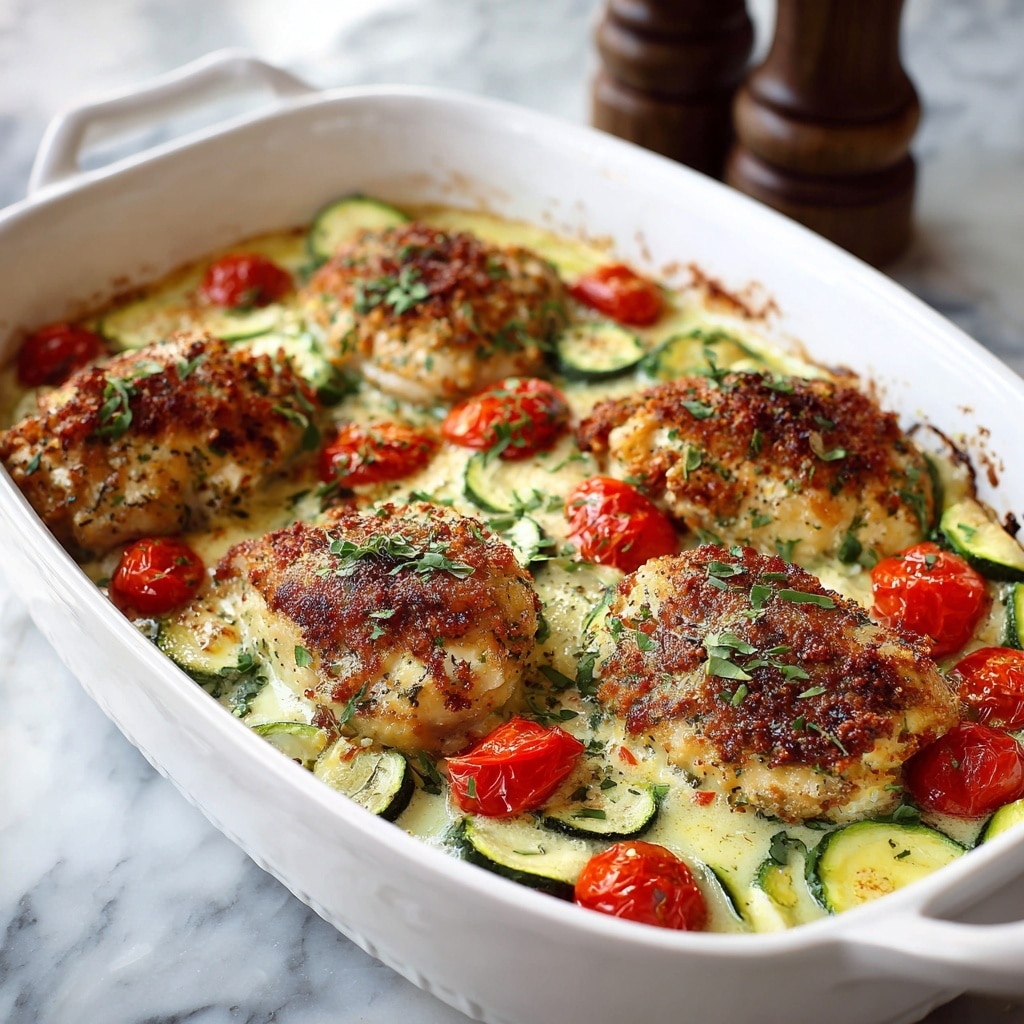 The image shows a white ceramic baking dish filled with a layered baked chicken and vegetable dish. At the bottom, there is a base layer of thinly sliced green zucchini rounds, slightly cooked and soft. On top of this layer are thick, golden-brown baked chicken thighs with a crispy, spiced crust. Interspersed between the chicken pieces are halved bright red cherry tomatoes, slightly shrunk and roasted. The whole dish is sprinkled with small green herb leaves, likely thyme, adding a fresh color contrast. The dish is set on a soft gray cloth on a white marbled surface with some fresh thyme sprigs around, and a woman's hand slightly holds the edge of the dish. photo taken with an iphone --ar 4:5 --v 7