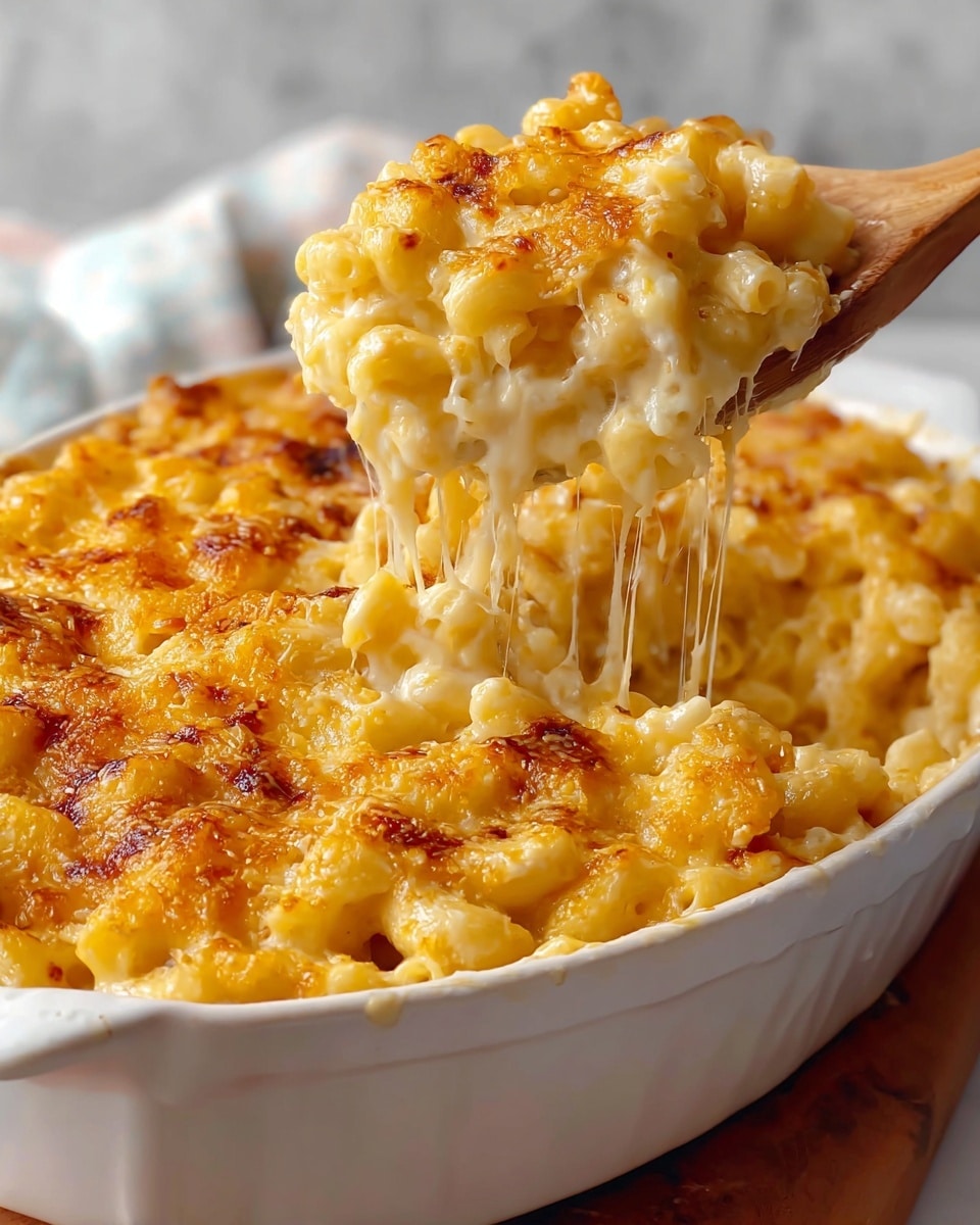 A white oval dish filled with creamy macaroni and cheese, showing a golden-brown top layer with some crispy, bubbly cheese spots. The dish holds three layers: the top is cheesy and browned with a slightly crispy texture, beneath it is a creamy, light yellow cheese sauce coating tender elbow macaroni, and the bottom is soft, cooked pasta fully mixed with cheese sauce. A wooden spoon is lifting a portion from the dish, stretching melted cheese strings from the dish to the spoon, showing the gooey texture inside. The dish is set on a white marbled surface with a soft-focus background. Photo taken with an iphone --ar 4:5 --v 7