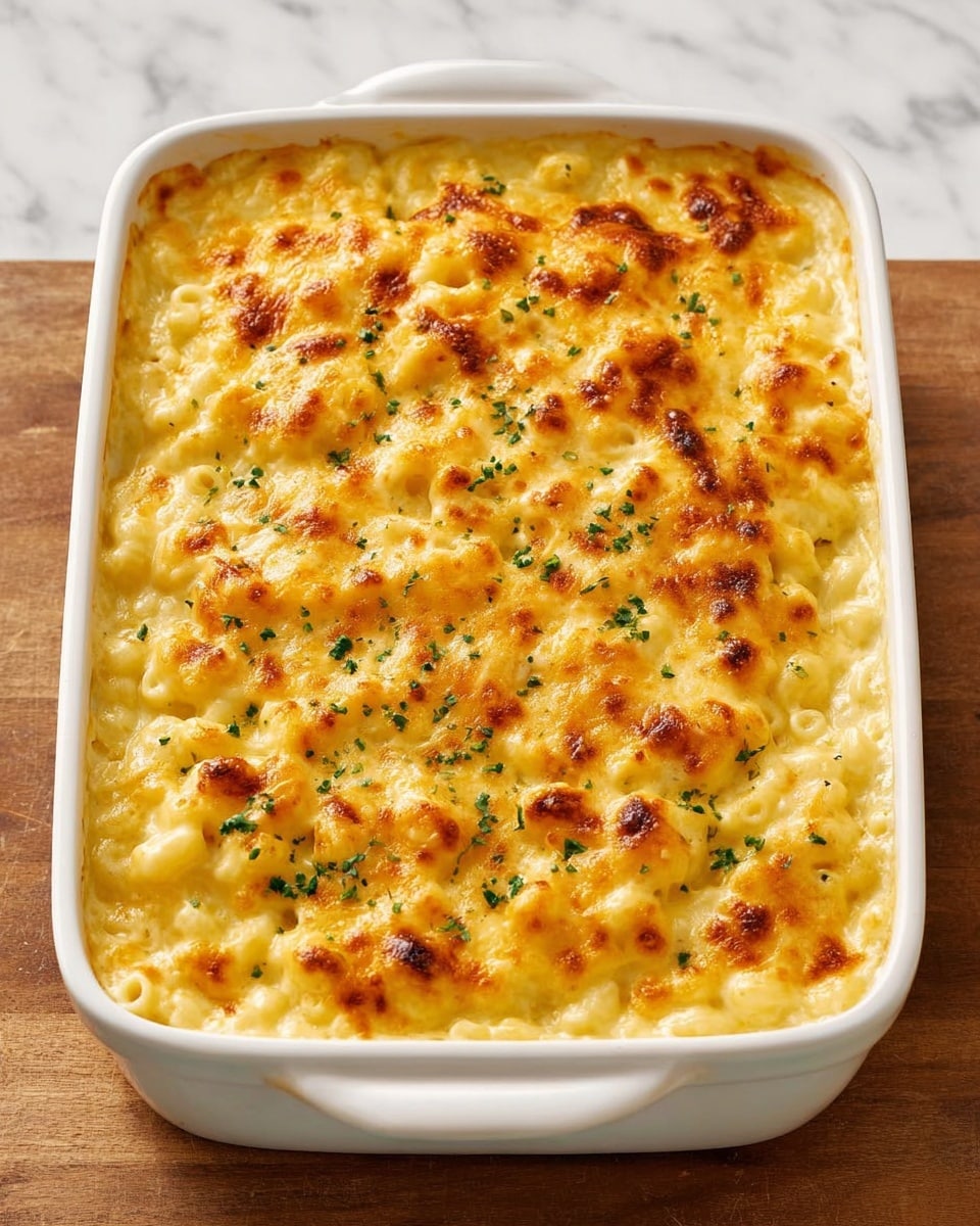 A white rectangular baking dish filled with one thick layer of golden baked macaroni and cheese. The macaroni pasta is coated in a smooth creamy cheese sauce with small browned cheese bubbles scattered on top, showing a slightly crispy texture. Tiny green herb sprinkles are evenly spread over the surface, adding color contrast to the warm yellow and orange shades of the cheese. The dish sits on a white marbled surface with a fork on the right side and a beige cloth napkin folded loosely on the left. A white bowl with bright green broccoli is visible in the upper left corner. Photo taken with an iphone --ar 4:5 --v 7