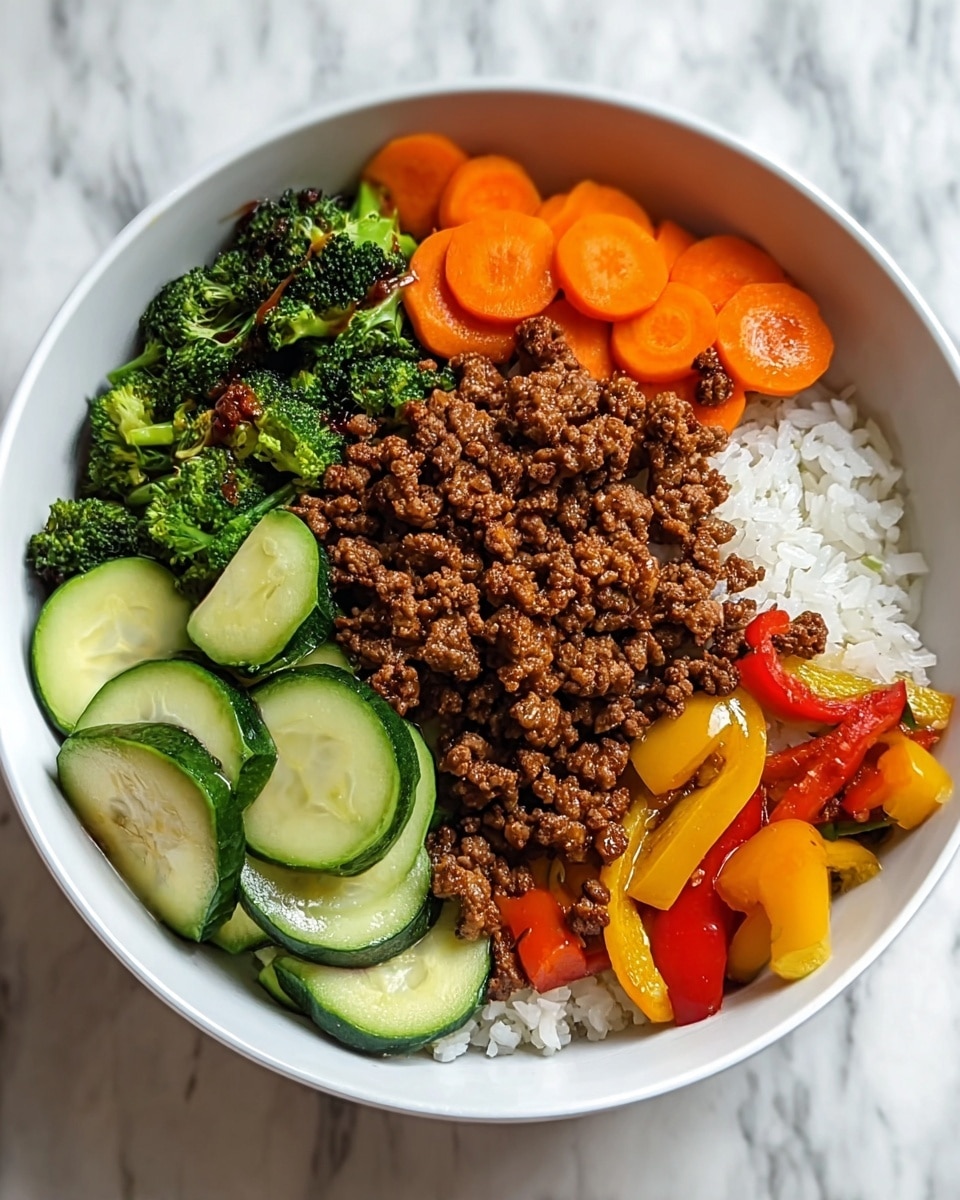 A white bowl filled with a meal that is divided into four main parts: on the top left is fluffy white rice with a soft texture; next to it on the right are bright red and orange bell pepper strips and brown mushrooms with a shiny glaze; below that is a mix of cooked ground beef with small, crumbly pieces, combined with chunks of green zucchini and more small bits of red pepper; to the left of the beef is a cluster of bright green broccoli florets and sliced green zucchini with a cooked but firm look. The whole dish sits on a white marbled surface. photo taken with an iphone --ar 4:5 --v 7