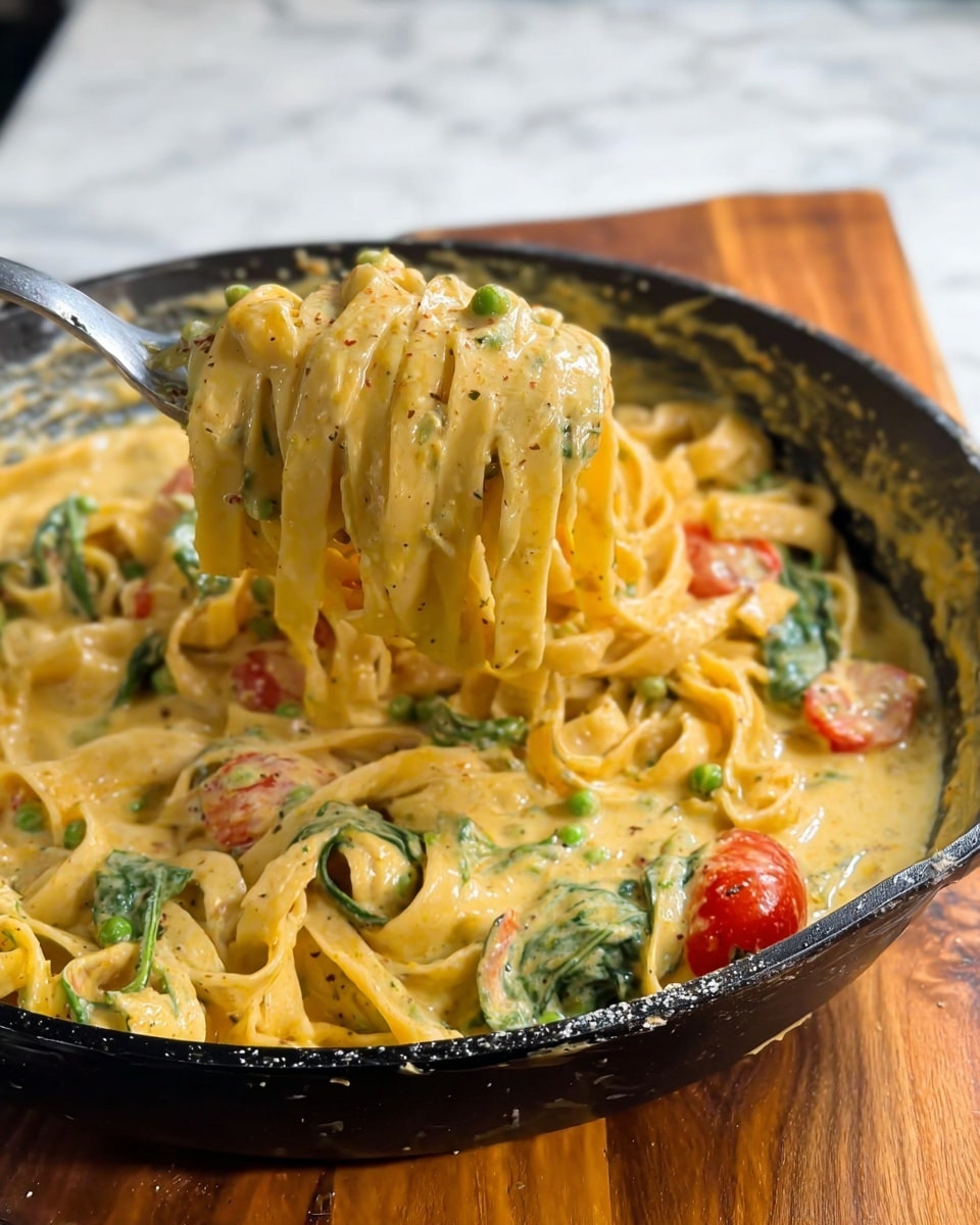 A close-up view of creamy pasta in a black pan filled with fettuccine noodles coated in a thick yellowish sauce mixed with visible green peas, red cherry tomato slices, and dark green spinach leaves. The sauce looks rich and slightly speckled with herbs and spices. A metal fork lifts a twirl of pasta covered in the creamy sauce from the pan. The pan sits on a wooden board on top of a white marbled surface. photo taken with an iphone --ar 4:5 --v 7