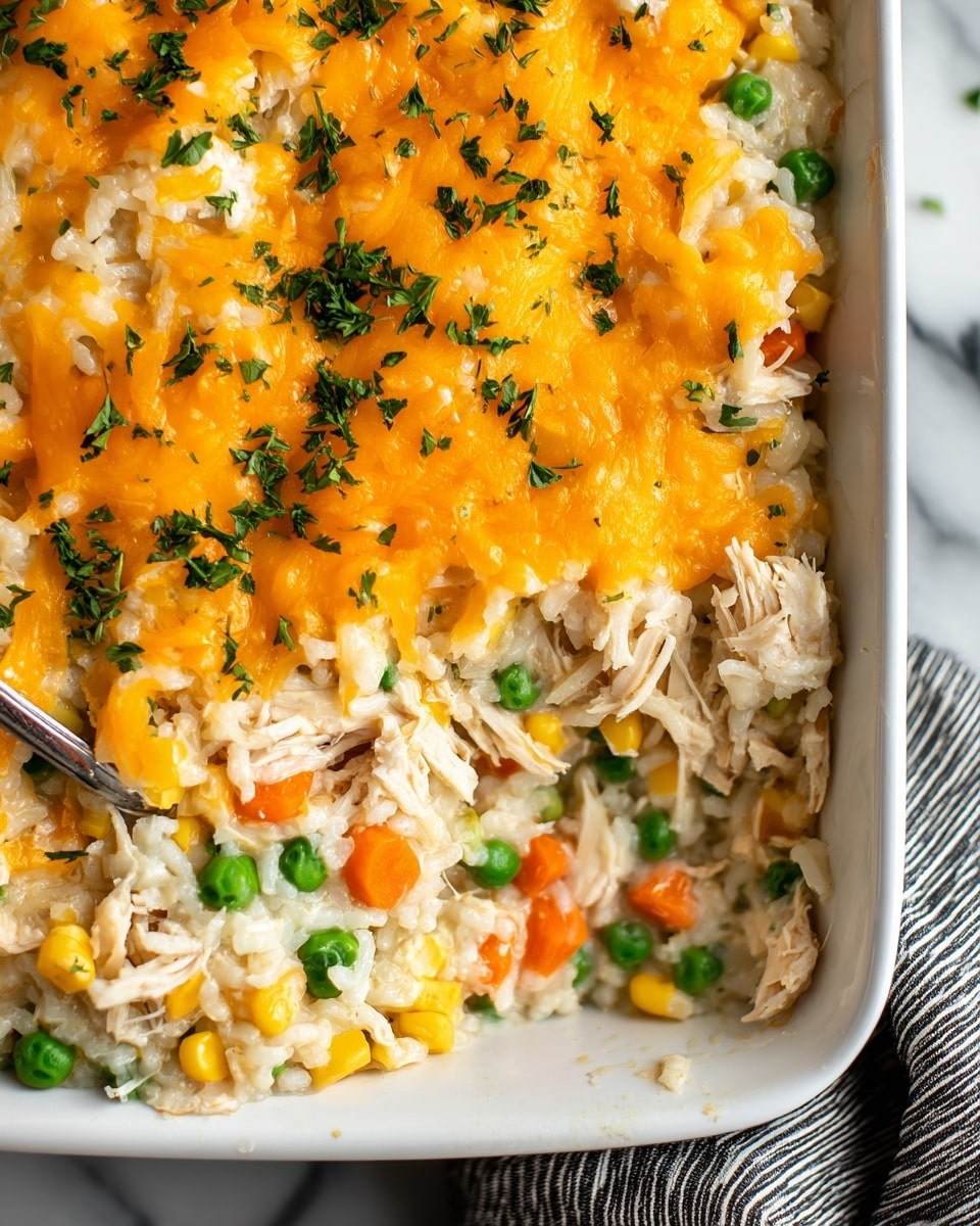 This image shows a close-up of a three-layer chicken and rice casserole in a white rectangular dish. The bottom layer is a creamy mix of white rice with green peas, diced orange carrots, and yellow corn evenly spread. On top of the rice mixture are shredded pieces of cooked chicken in an even layer. The top layer is melted bright orange cheddar cheese sprinkled with chopped green herbs, mainly parsley. One scoop has been taken from the dish, showing the layers clearly, and the dish sits on a white marbled surface with a black and white striped cloth on the right side. photo taken with an iphone --ar 4:5 --v 7