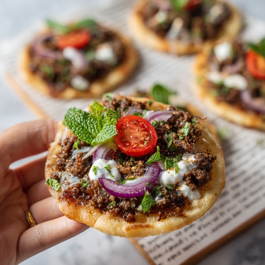 A small round flatbread topped with a layer of cooked dark brown minced meat, spread evenly across the surface. On top, there are thin strips of purple-red onion arranged loosely, a quarter slice of bright red tomato placed in the center, and dollops of white creamy sauce scattered around. Small green herb pieces and a fresh mint leaf add spots of green color, with some spices sprinkled subtly on top. The flatbread is held by a woman's hand, with more similar flatbreads blurred in the background, all set on paper with text over a white marbled surface. photo taken with an iphone --ar 4:5 --v 7