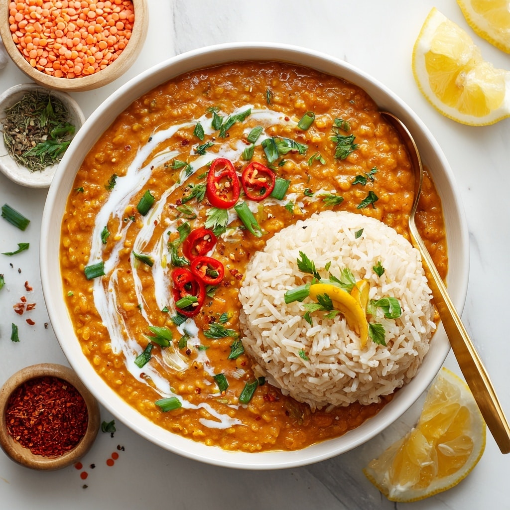 A white bowl is filled with two main layers, the left side showing a thick orange lentil stew with a smooth texture, sprinkled with chopped green herbs, sliced green onions, and red chili slices. The right side of the bowl holds a mound of light beige cooked rice with some green onion pieces on top. A swirl of white yogurt or cream sits in the middle where the stew and rice meet, topped with more green onion, red chili slices, and a small yellow lemon wedge on the rice side. A gold spoon rests on the right edge of the bowl. The bowl is placed on a white marbled surface, surrounded by slices of lemon, fresh red chili peppers, a bowl of dry red lentils, garlic, and small containers of turmeric and other spices. Photo taken with an iphone --ar 4:5 --v 7