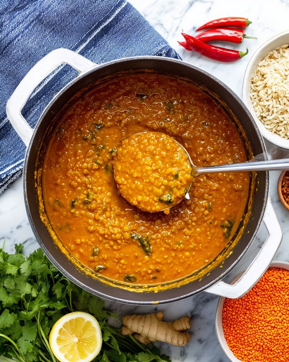A large black pot with white handles sits on a white marbled surface, filled with a thick, chunky, warm orange lentil stew that has visible bits of cooked lentils and spices. A silver ladle is lifting a scoop of the lentil stew above the pot, showing its dense, textured consistency. Surrounding the pot are fresh green cilantro leaves on the bottom right, a halved lemon below the pot, a small white bowl filled with raw red lentils to the top right, and another small white bowl with cooked brown rice to the bottom left. Two red chili peppers and thinly sliced pale yellow ginger rest on a blue and white striped cloth near the top left. The whole setup is bright and inviting. photo taken with an iphone --ar 4:5 --v 7
