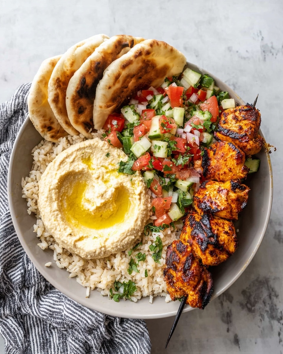 A white bowl sits on a white marbled surface with a striped cloth under it, filled with four main layers. The bottom left layer is light beige rice with a fluffy texture, next to it on the top left is creamy, light beige hummus with a small pool of golden olive oil in the center. At the top right, there are three pieces of grilled white pita bread with golden brown and black char marks, folded and leaning against the bowl's edge. The bottom right layer is a fresh salad of diced red tomatoes, green cucumbers, and small herbs. Resting on top and stretching diagonally from bottom left to top right are two chicken kebab skewers with orange-red grilled pieces, showing black grill marks. Photo taken with an iphone --ar 4:5 --v 7