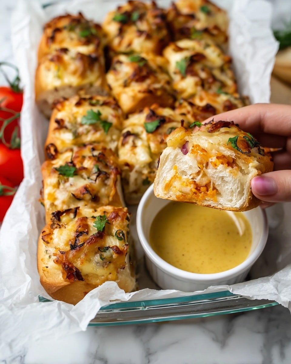The image shows a clear glass baking dish filled with ten mini sandwiches, arranged in two rows of five on a white marbled surface. Each sandwich has a base layer of soft white bread rolls sliced open, topped with a reddish layer of cooked filling, followed by a golden-brown layer of cooked onions and herbs, and finished with a layer of shredded yellow cheese scattered on top. The cheese appears unevenly melted, and the herbs give a fresh green touch over the warm tones. Photo taken with an iphone --ar 4:5 --v 7