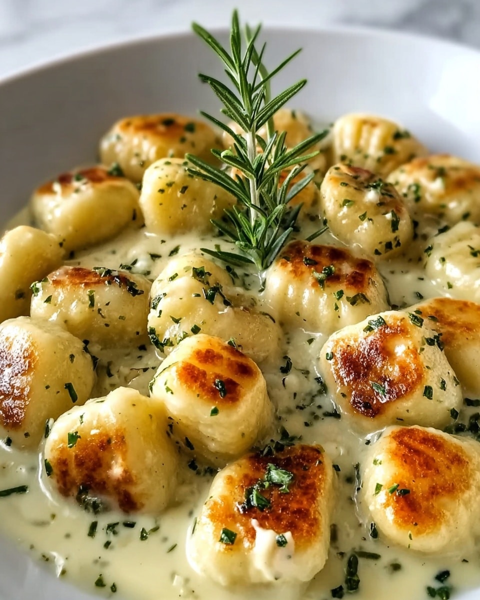 The image shows a close-up of a white plate filled with small, golden-brown gnocchi pieces that have a slightly crispy surface with browned spots. Each gnocchi is coated in a creamy, white sauce sprinkled with finely chopped herbs, likely parsley or chives, giving a fresh green contrast. In the center of the plate, there is a small sprig of fresh rosemary standing upright, adding height and a touch of dark green color. The background is a white marbled texture that makes the dish stand out clearly. photo taken with an iphone --ar 4:5 --v 7