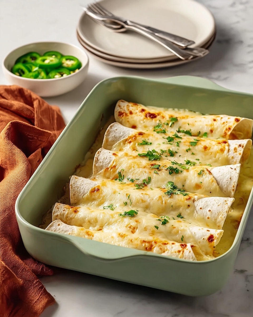 A light green oven dish holds five rolled tortillas lined up neatly, each covered with a smooth, golden-brown melted cheese layer that has small browned spots and some fresh green herb pieces sprinkled on top. In the background, there is a small white bowl filled with bright green sliced jalapeños, and a stack of white plates with silver forks on a white marbled surface. A rust-colored cloth napkin is partly visible on the left side of the dish. photo taken with an iphone --ar 4:5 --v 7