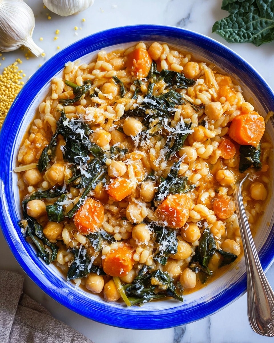 A close-up view of a bowl filled with a warm dish made of small pasta pieces, chickpeas, sliced orange carrots, and chopped dark green leafy vegetables mixed in a light orange sauce. The bowl is white, slightly worn with a bright blue rim, and has a spoon resting in the food on the right side. The dish is sprinkled lightly with white grated cheese, and the texture of the pasta looks soft and well-cooked, blending with the sauce and vegetables. In the background, there is a white marbled surface with garlic, green leaves, and some yellow grains visible near the edges. photo taken with an iphone --ar 4:5 --v 7
