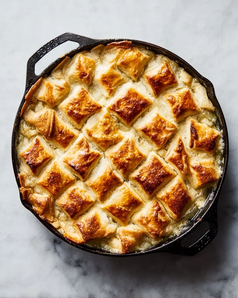 A round cast iron skillet filled with a pie topped by many small golden brown square pastry pieces that are flaky and slightly puffed, overlapping each other to fully cover the filling underneath; the edges of the pie crust are uneven and slightly browned, with some creamy filling bubbling out slightly around the edges, all resting on a white marbled surface. photo taken with an iphone --ar 4:5 --v 7