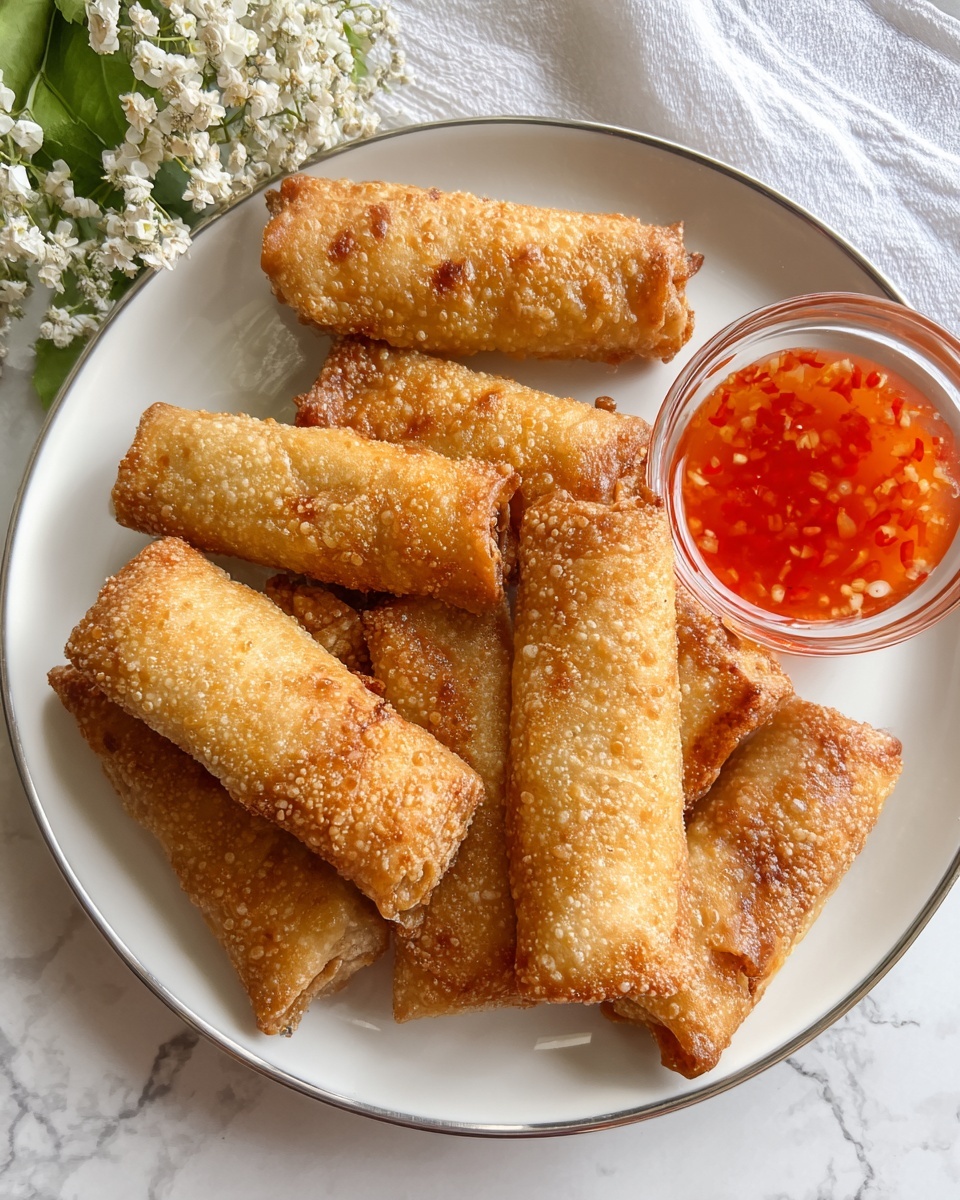 A woman's hand is holding a golden-brown, crispy fried roll with a bubbly texture filled with creamy white cheese that has small black specks inside. On the white plate below, there are several more of these fried rolls, arranged loosely with their crunchy, bubbled surfaces visible. Next to the plate is a small clear container filled with bright red sweet chili sauce. The background has a soft, white marbled texture with a white cloth and some out-of-focus white flowers in the upper left. Photo taken with an iphone --ar 4:5 --v 7