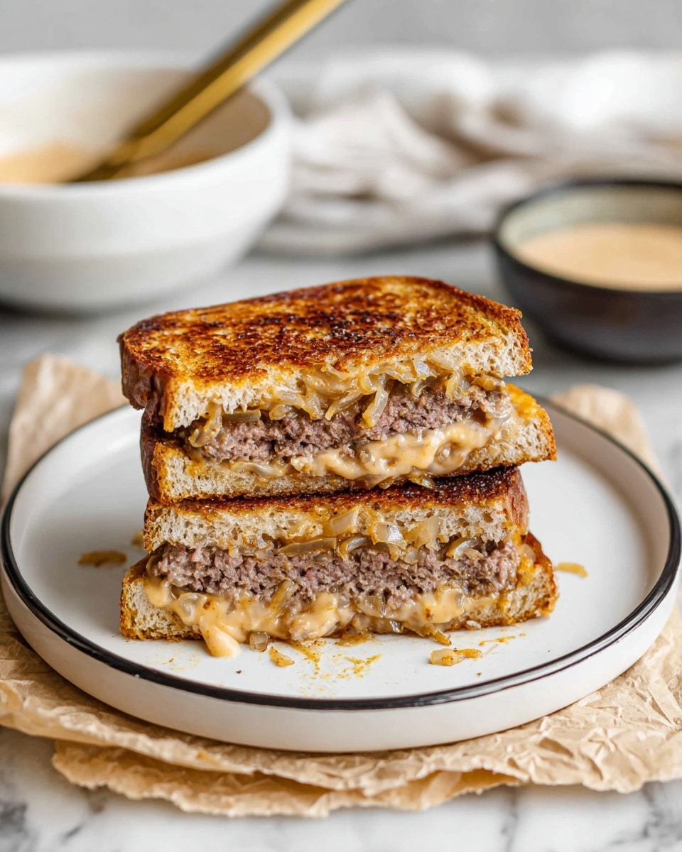 A sandwich cut in half stacked on a white plate with a thin black rim, showing its three layers: two toasted golden-brown bread slices with a slightly crisp texture on the top and bottom, two thick layers of juicy pinkish beef patty in the center, and melted creamy light orange cheese mixed with soft cooked onions in between the beef and bread layers; some cheese and onions slightly overflow onto the plate. The plate sits on crumpled beige parchment paper on a white marbled surface. In the background, a white bowl with a gold fork and a dark bowl with creamy sauce are slightly blurred. photo taken with an iphone --ar 4:5 --v 7