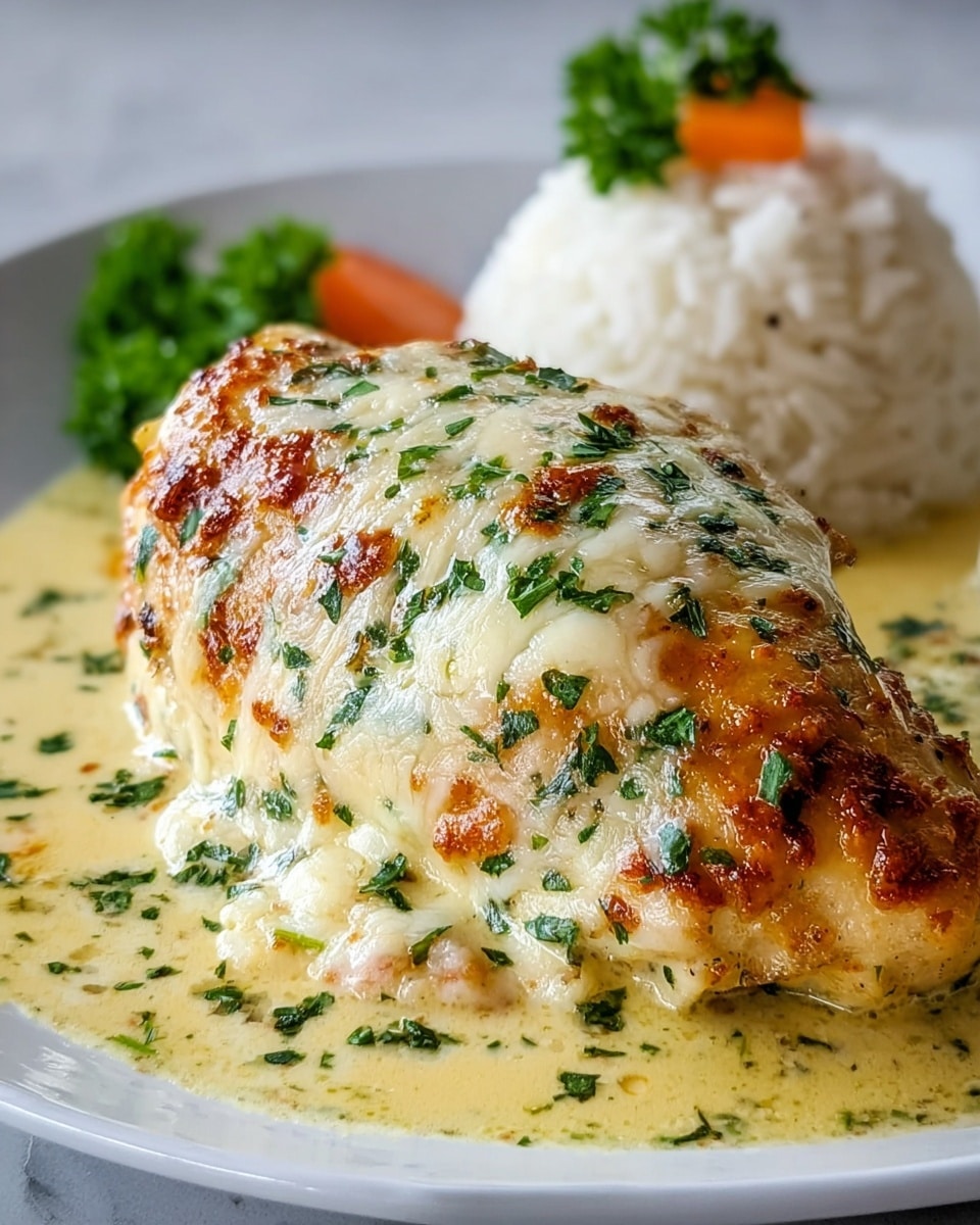 The image shows a close-up of a golden-brown baked chicken breast covered with melted white cheese sprinkled with chopped green herbs on top. The chicken sits in a creamy light yellow sauce that pools around it on a white plate. Behind the chicken, there is a scoop of fluffy white rice with a small piece of orange carrot, and some green parsley leaves are placed near the back edge of the plate. The dish is set on a white marbled textured surface. Photo taken with an iphone --ar 4:5 --v 7