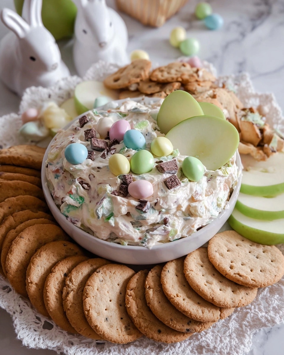 A white bowl filled with a creamy dip mixed with chocolate chunks and small pastel-colored candy-coated chocolates sits in the center. The dip has a soft texture with visible small chips and candies throughout and is topped with more candy pieces and two slices of green apple on one side. Surrounding the bowl, arranged in a circular pattern, are stacked golden sandwich cookies and clusters of small chocolate chip cookies with a rough texture, plus more sliced green apples on the outer edges. The scene is set on a white marbled surface with a soft crochet doily and two white decorative ceramic bunny figures in the background. photo taken with an iphone --ar 4:5 --v 7