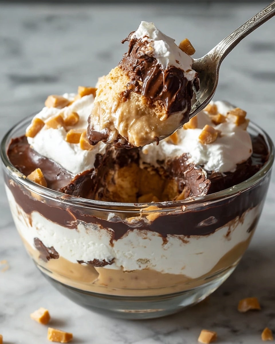 A clear glass bowl shows a layered dessert with four visible layers: the bottom layer is light brown and smooth, the second layer above it is creamy white and fluffy, the third layer is dark chocolate with a shiny and soft texture, and the top layer is white whipped cream topped with small, light brown caramel or butterscotch pieces. A vintage silver spoon holds a scoop of the dessert, revealing the layers inside the bowl. The scene is set on a white marbled texture. photo taken with an iphone --ar 4:5 --v 7