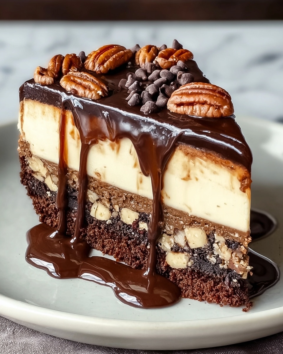 A slice of cake with four layers sits on a white plate. The bottom layer is dark brown with chunks of light beige embedded inside, giving it a rough texture. Above it is a thick, smooth layer of creamy white filling, followed by a thin, glossy layer of dark chocolate sauce that drips down the sides. The top is decorated with shiny whole pecans and scattered dark chocolate chips, sitting on a dark brown crumbly base. The background is a white marbled surface. Photo taken with an iphone --ar 4:5 --v 7