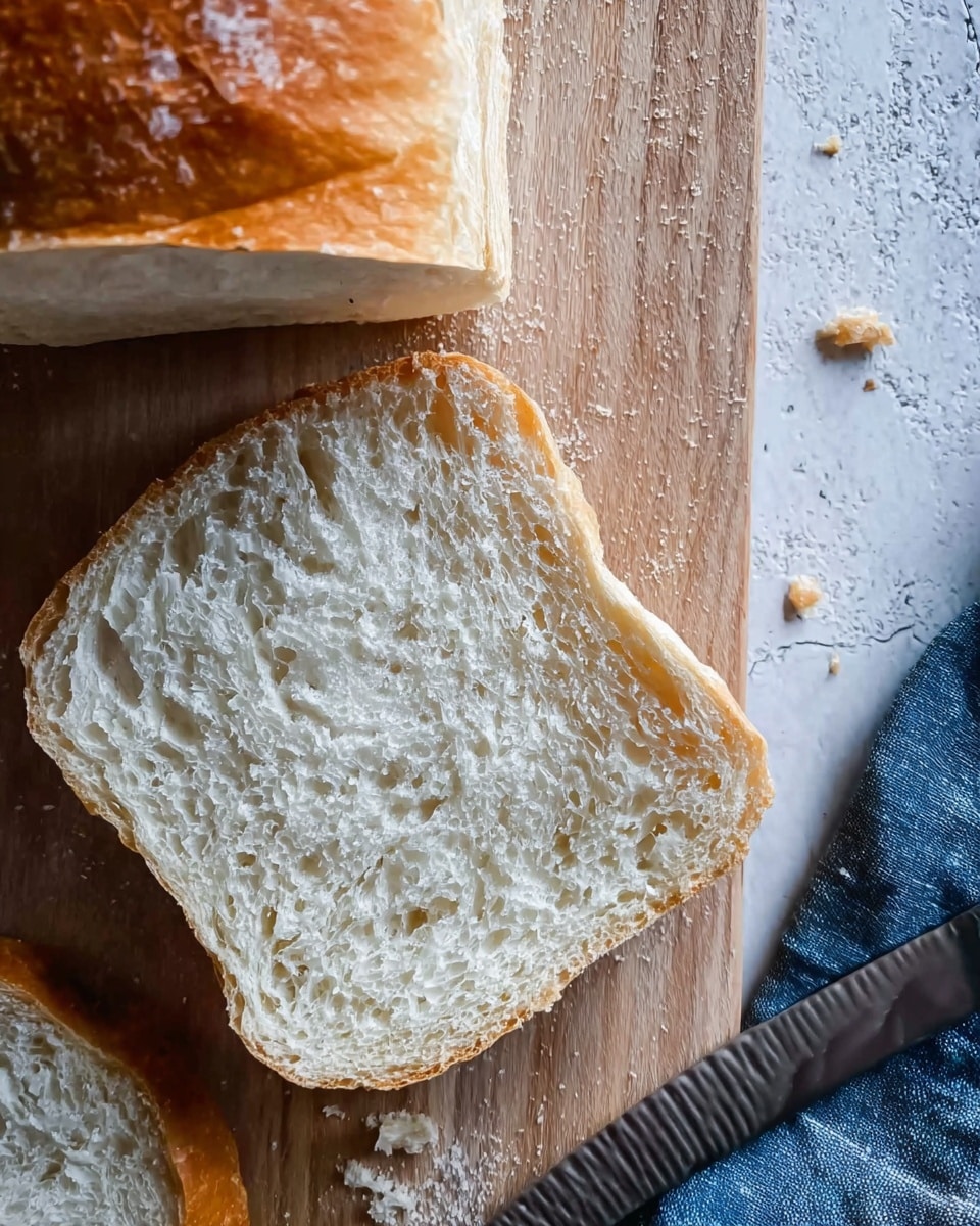 A fresh loaf of white bread is shown with a golden-brown crust that looks slightly crispy, and the inside displays a soft, fluffy white texture with small air pockets. The loaf is partly sliced, showing one thick slice lying flat in the foreground with a similarly soft and airy structure. The bread rests on a light wood surface, and the background is softly blurred to keep the focus on the bread. Photo taken with an iphone --ar 4:5 --v 7
