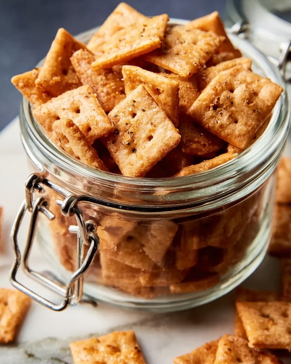 A clear glass jar filled with multiple layers of small square crackers, each cracker is golden-brown with a slightly rough texture and visible small black pepper specks scattered across their surface. The jar's metal clasp is open, showing the crackers inside spilling slightly over the top edge. The scene is set on a white marbled texture surface with some crackers scattered around the jar. photo taken with an iphone --ar 4:5 --v 7