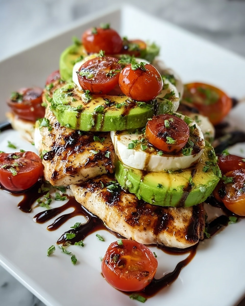 A white plate holds two thick grilled chicken breasts at the base, showing charred dark grill marks and a golden-brown crust. On top, there are slices of bright green avocado layered with creamy white cheese, all lightly charred. Scattered on and around these layers are halved cherry tomatoes with vibrant red skins showing grill marks. The dish is finished with a drizzle of dark balsamic glaze and small green herb pieces sprinkled over everything, all set on a white marbled surface. photo taken with an iphone --ar 4:5 --v 7