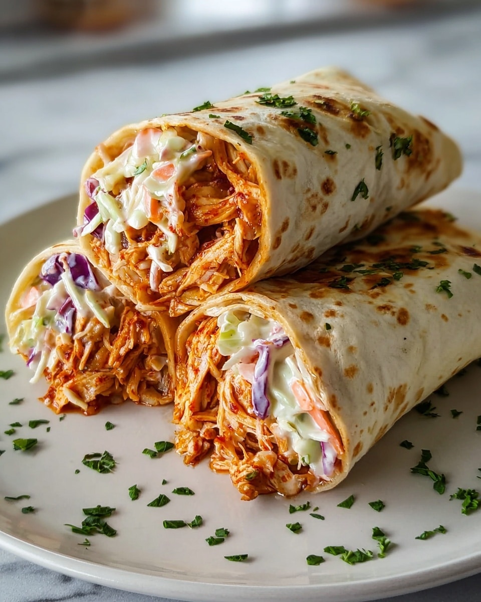Three shredded chicken wraps are cut in half and stacked on a white plate with a white marbled texture surface. Each wrap has a soft, slightly toasted light brown tortilla shell speckled with chopped green herbs on top. Inside, the bottom layer is reddish-orange shredded chicken, saucy and juicy, topped with a creamy coleslaw mix of white, purple, and orange cabbage and carrot shreds. Small green herb pieces are sprinkled on the plate around the wraps. Photo taken with an iphone --ar 4:5 --v 7