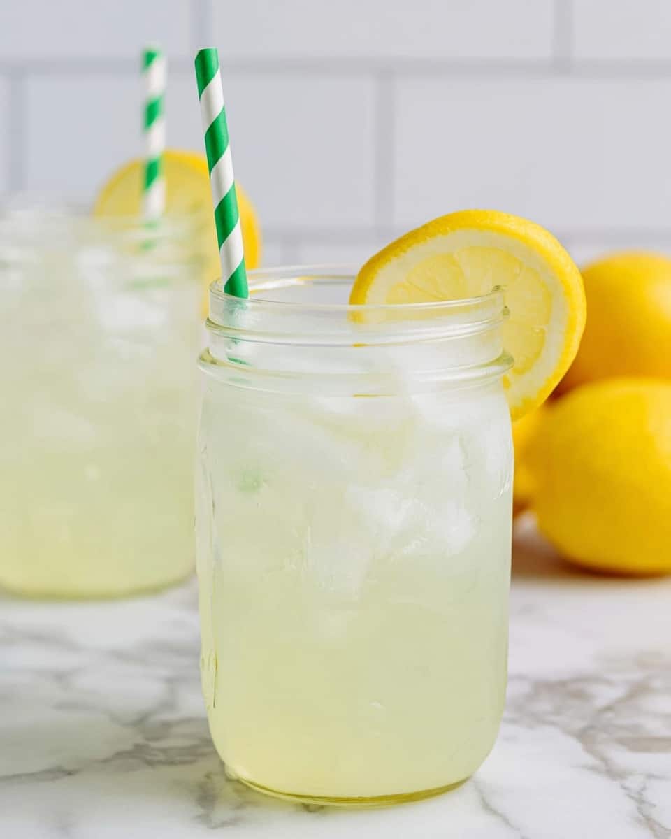 Two clear glass jars filled with pale yellow lemonade and ice cubes sit on a white marbled surface, each jar having a green and white striped straw standing vertically inside. Each jar is decorated with a bright yellow lemon slice on its rim. In the background, there are two whole yellow lemons, one cut in half showing the juicy inside, all resting on the white marbled surface with a white tiled wall behind them. photo taken with an iphone --ar 4:5 --v 7