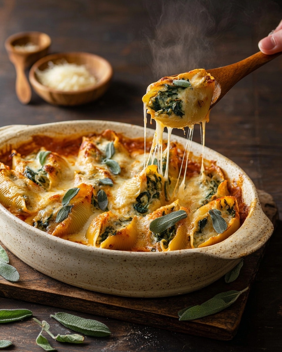 A white speckled baking dish filled with stuffed pasta shells baked in a golden-brown melted cheese layer topped with small fresh sage leaves. The pasta shells are filled with dark green spinach, visible as a woman’s hand lifts one with a wooden spoon, pulling stretchy white melted cheese that drips down. The dish shows a rich orange sauce beneath the cheese, and steam rises from the hot meal. The scene includes small wooden bowls with grated cheese and scattered fresh sage on a dark wooden surface. photo taken with an iphone --ar 4:5 --v 7
