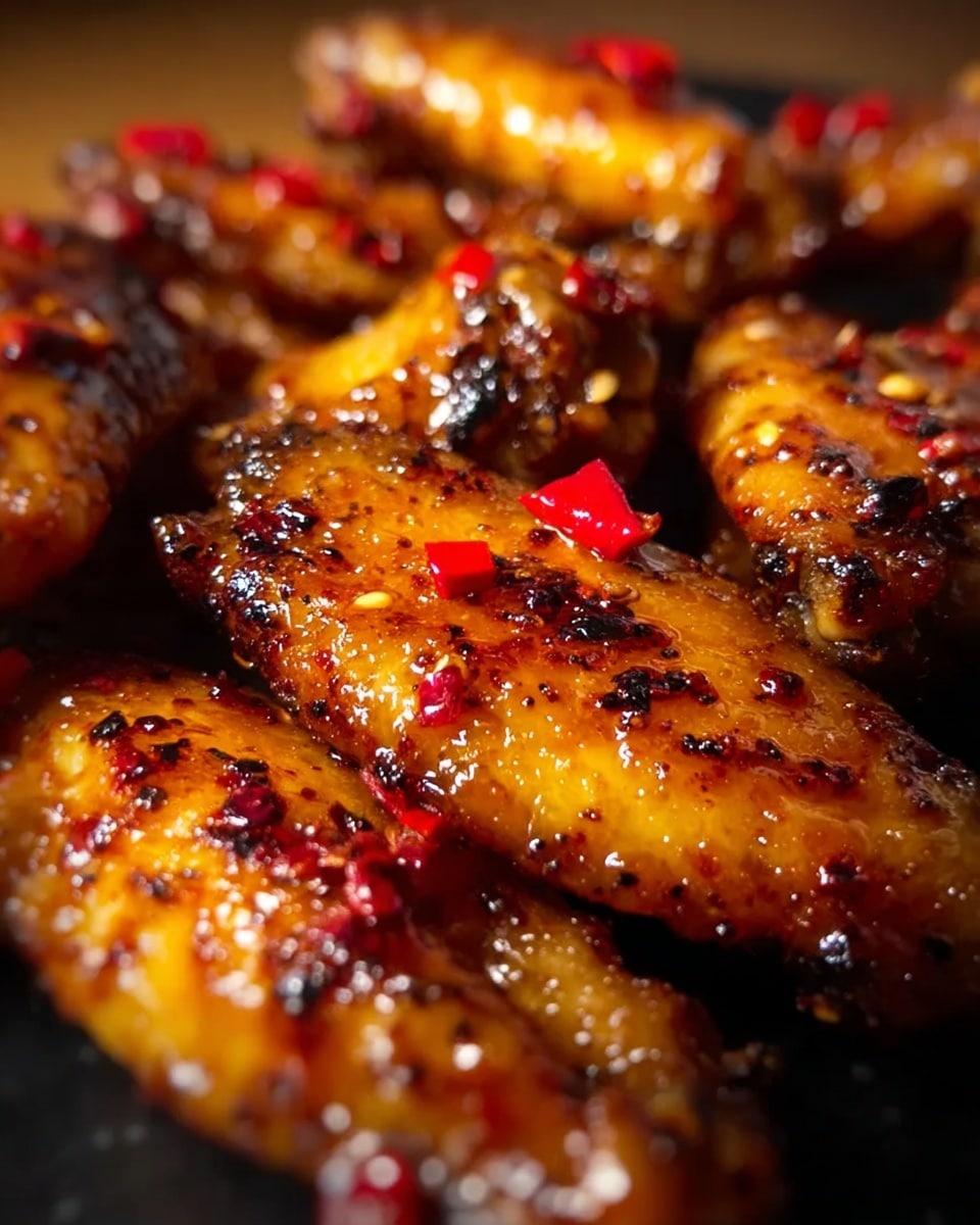 The image shows a close-up view of several grilled chicken wings stacked closely together. Each wing is covered with a shiny, sticky glaze that is golden brown with darker charred spots. Small red chili pieces are scattered on top, adding bright red accents to the wings. The texture looks crispy on the outside with visible grill marks and a slightly rough surface due to the spices and glaze. The background has a dark blur which contrasts with the warm colors of the wings. photo taken with an iphone --ar 4:5 --v 7